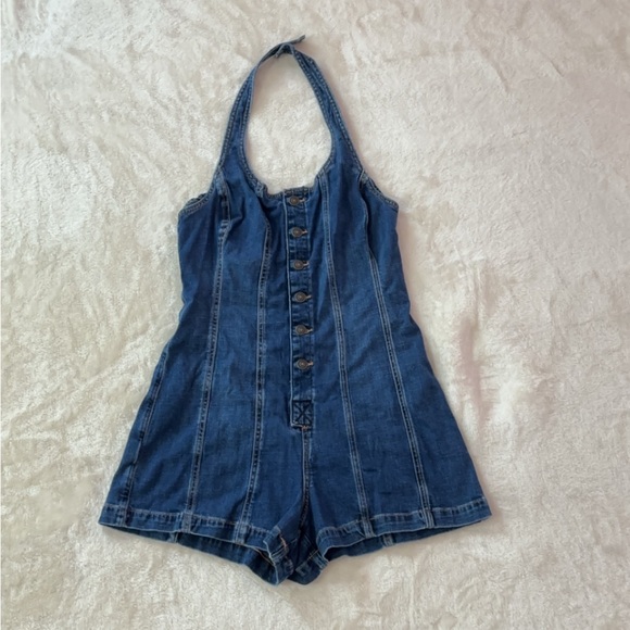 AE Denim Halter Button-Up Romper - Picture 2 of 11